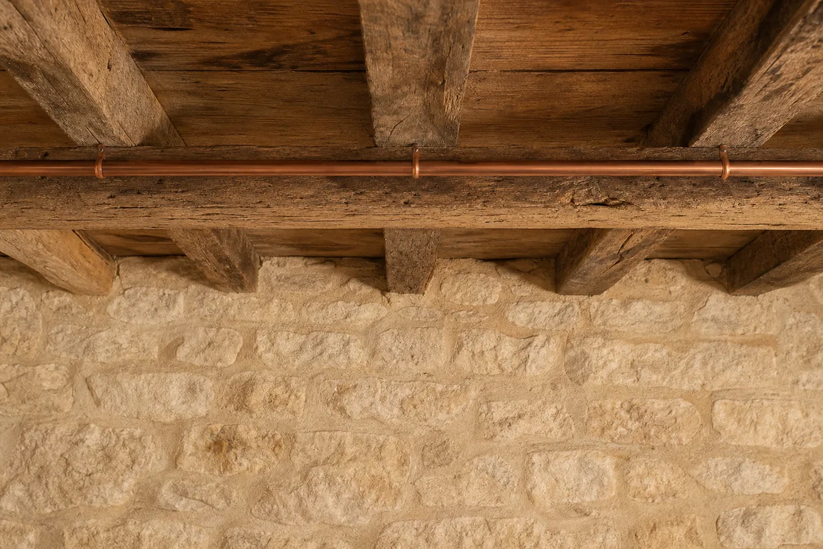 Canalisation horizontale fixée par des colliers sous le plafond d&rsquo;une cave française