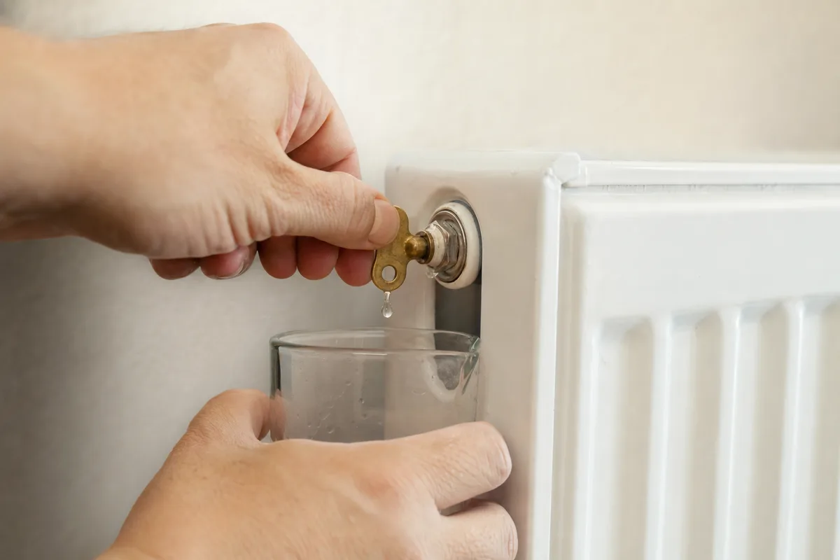Main ouvrant la vis de purge d’un radiateur avec une clé de purge en laiton