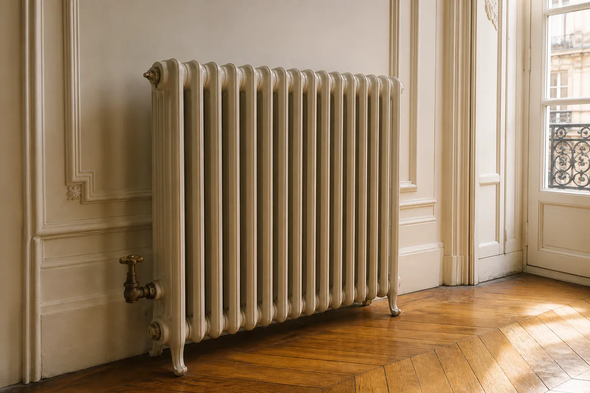 Radiateur en fonte ancien dans un appartement avec parquet et moulures