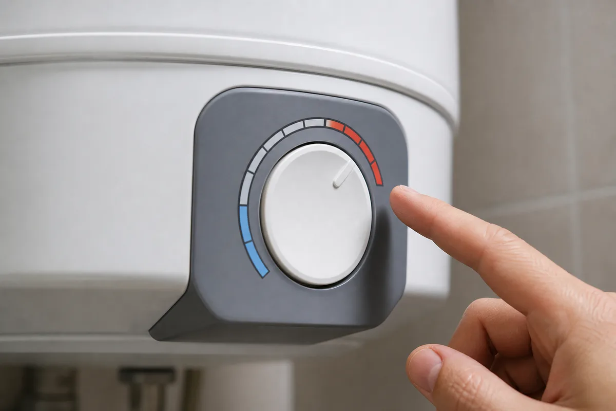 Écran de réglage de température d&rsquo;un chauffe-eau électrique affiché autour de la consigne recommandée de 55 degrés