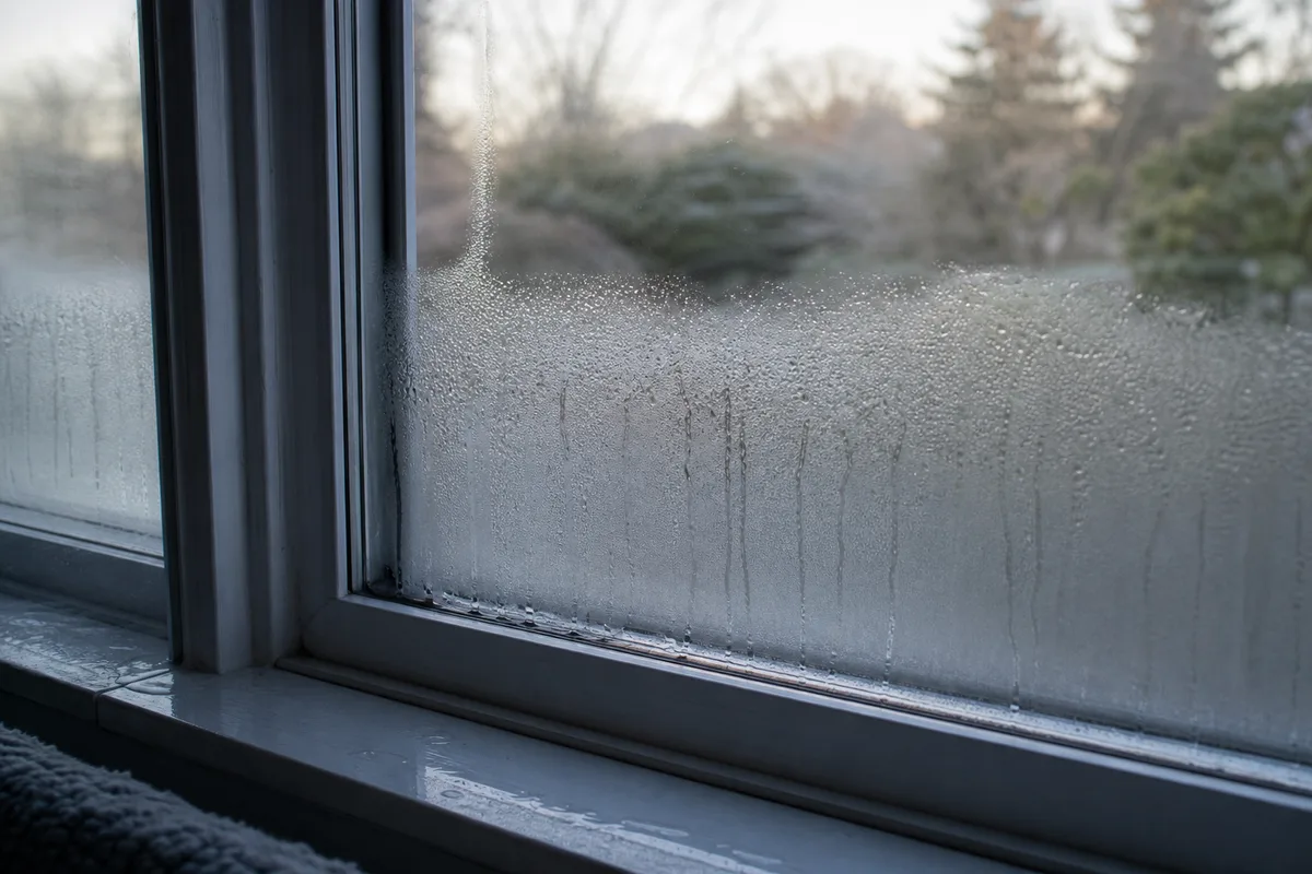 Condensation matinale sur la vitre intérieure d&rsquo;une fenêtre de logement français