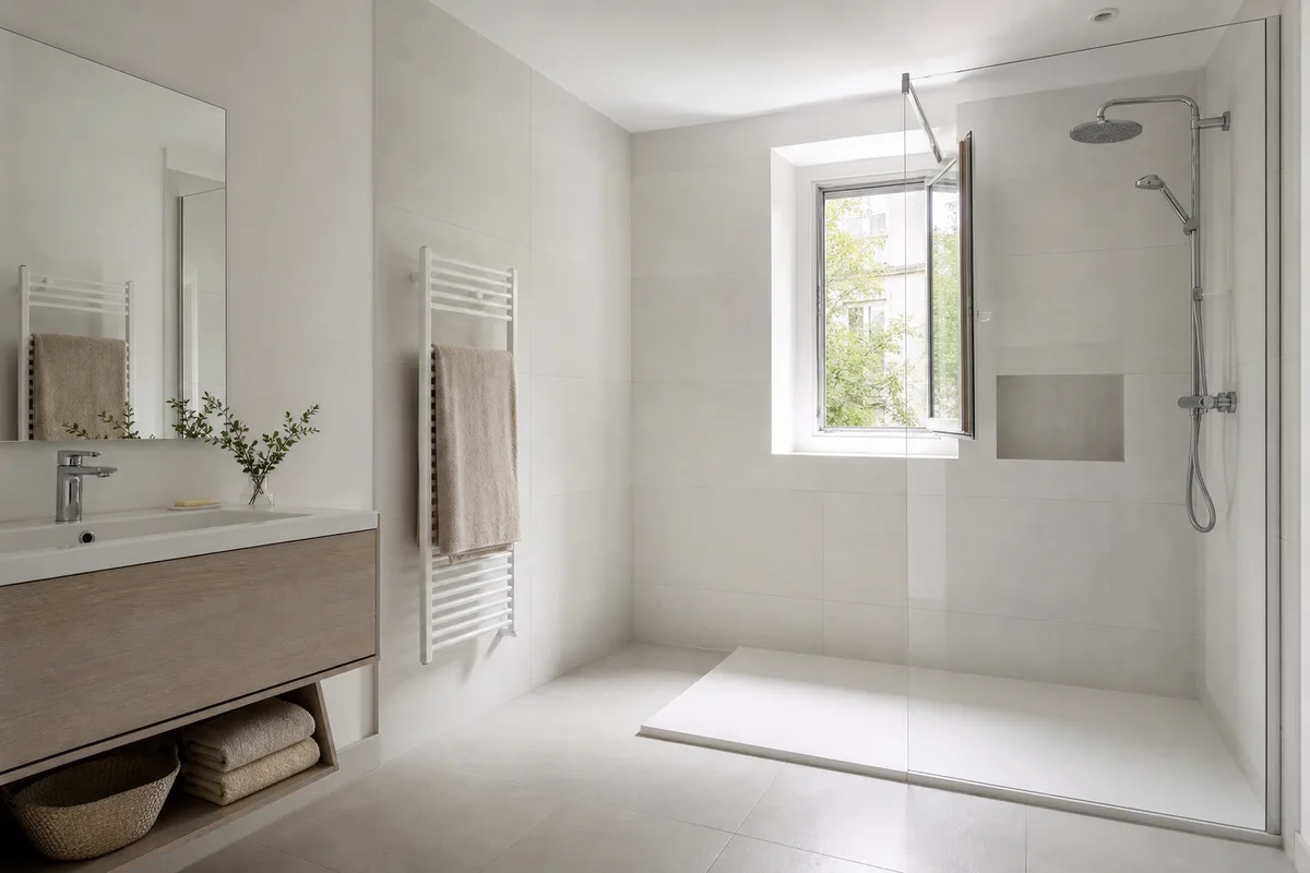 Salle de bains française vide avec receveur de douche blanc et fenêtre entrouverte