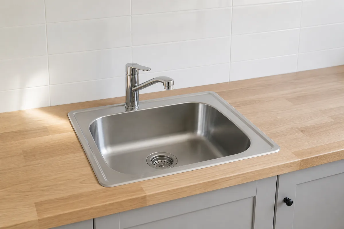 Évier en inox vide dans une cuisine française avec plan de travail en bois clair