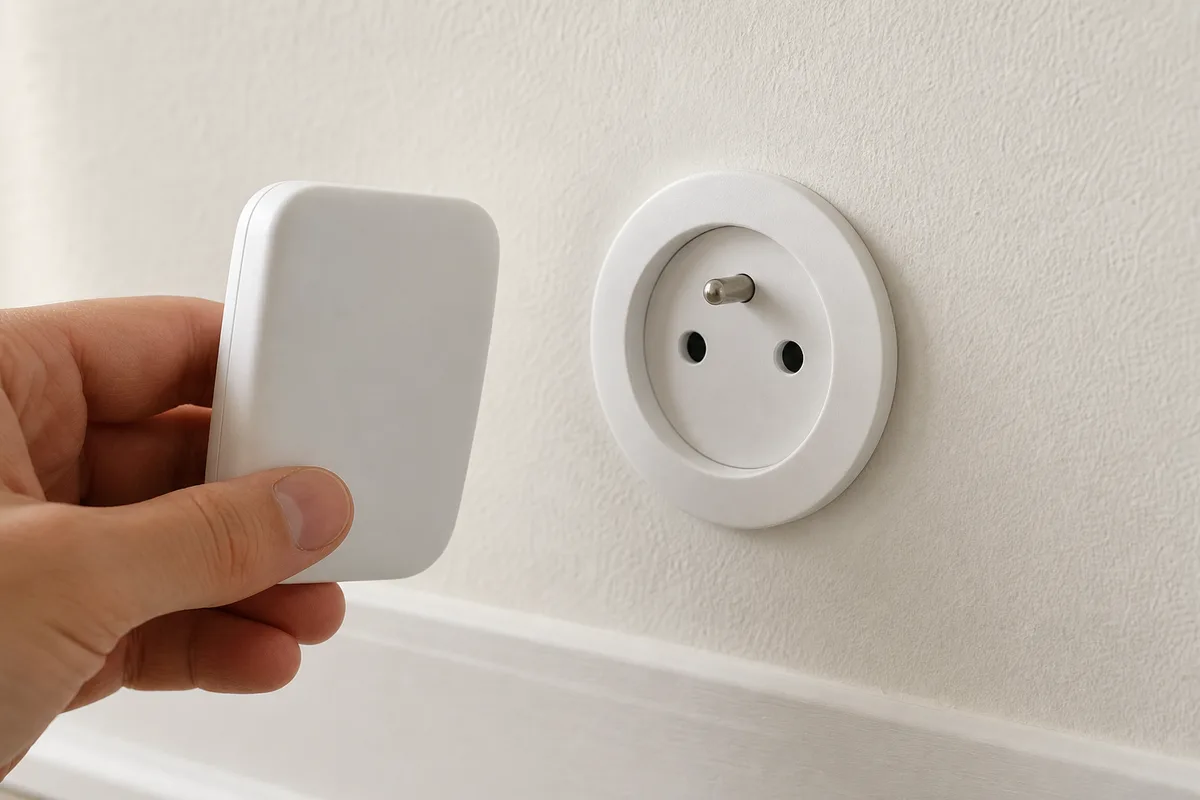Mur intérieur avec prise électrique et bandes de repérage tracées au crayon, mètre ruban posé contre la cloison