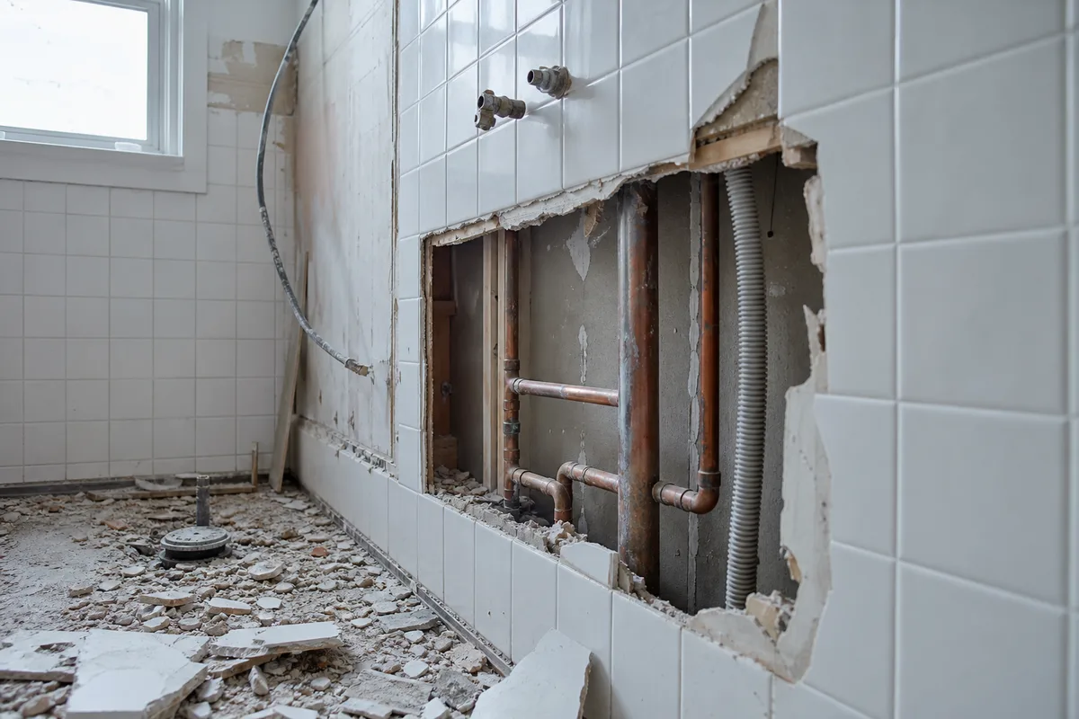 Salle de bains en cours de travaux, mur carrelé partiellement démonté laissant apparaître des tuyaux en cuivre encastrés