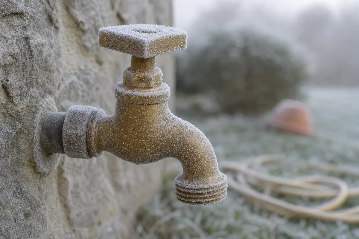 Robinet de jardin en laiton fixé sur un mur de pierre, entouré de givre par un matin d’hiver