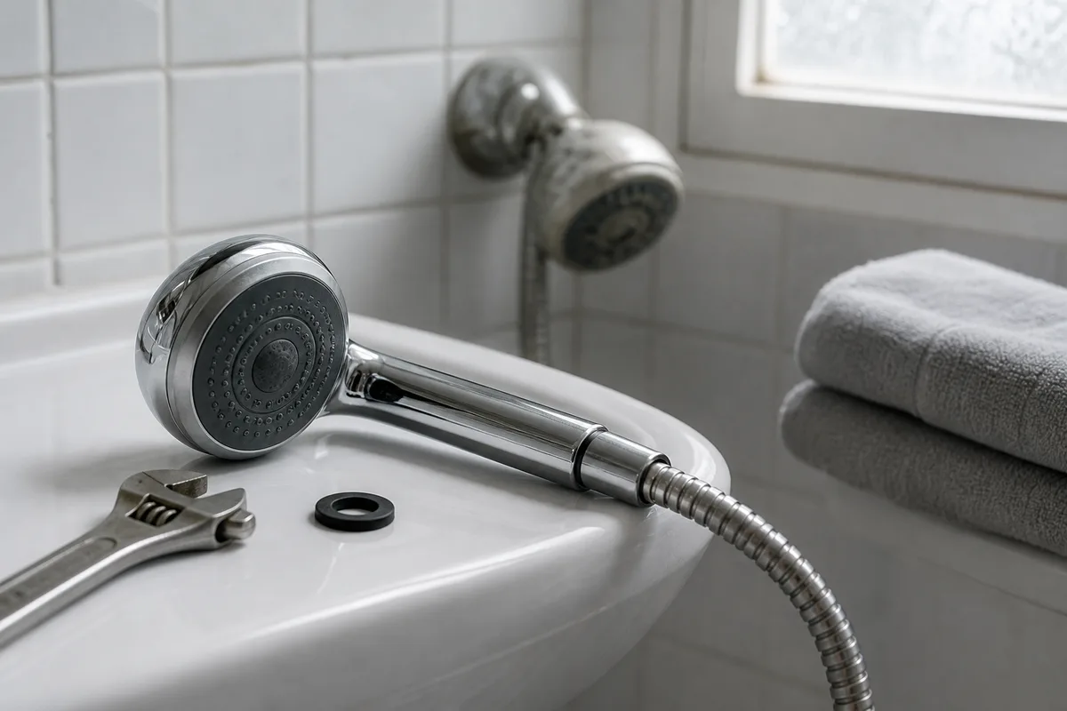 Pommeau de douche économe démonté posé à côté d’une clé à molette sur un rebord de lavabo