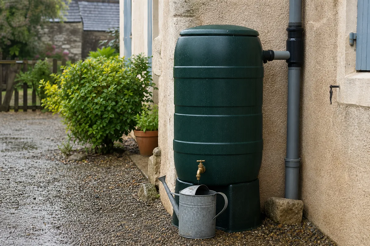 Cuve de récupération d’eau de pluie raccordée à une descente de gouttière contre un mur de maison