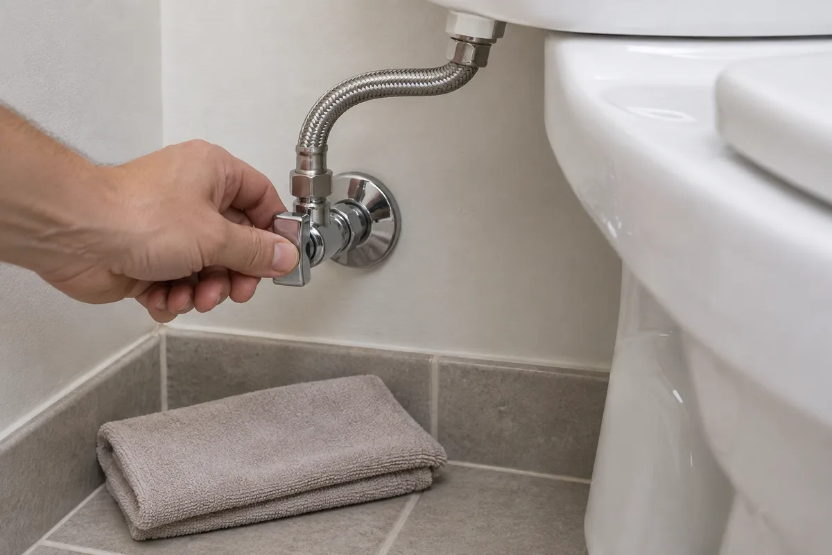 Main ouvrant un robinet d&rsquo;arrêt chromé relié par un flexible tressé au réservoir d&rsquo;un WC en céramique blanche