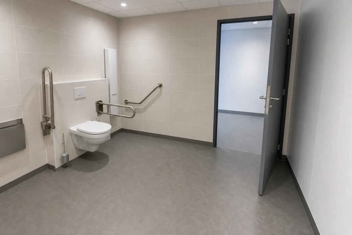 Sanitaire accessible PMR équipé d&rsquo;une barre d&rsquo;appui rabattable et d&rsquo;un lavabo adapté dans un établissement recevant du public