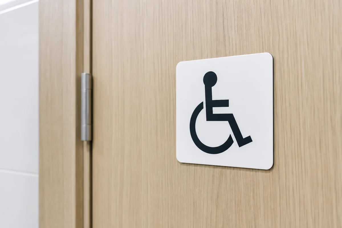 Pictogramme d&rsquo;accessibilité contrasté indiquant le sens de transfert sur la porte d&rsquo;un cabinet de toilettes adapté