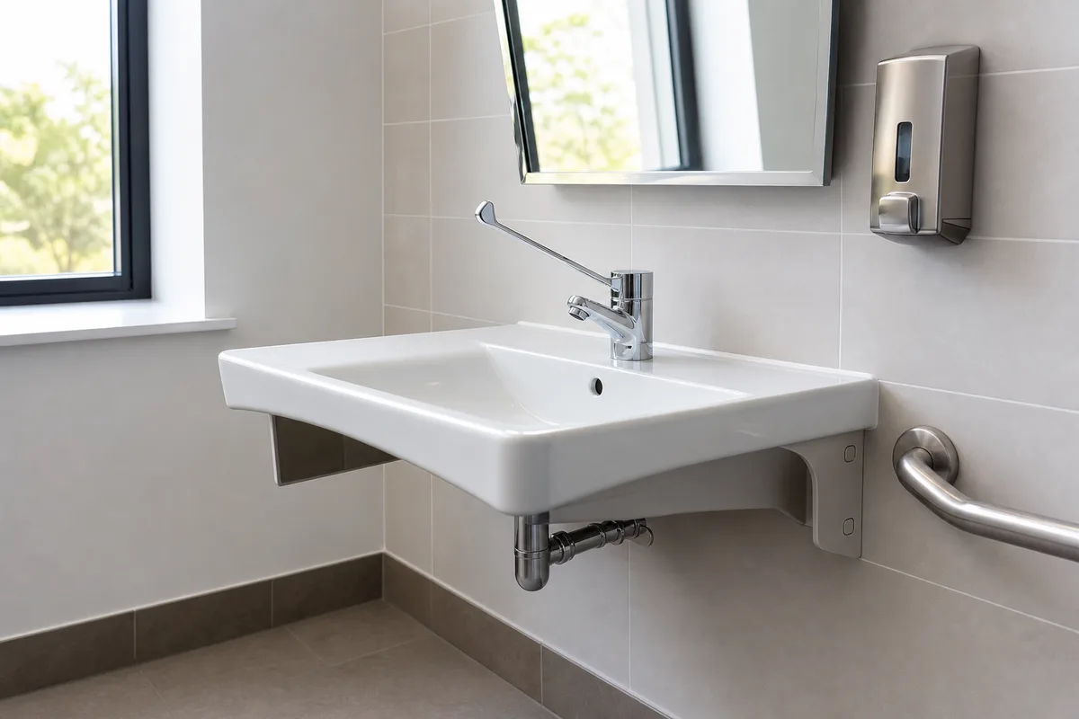 Lavabo accessible avec vide sous vasque pour le passage des genoux et robinetterie à levier dans des toilettes PMR