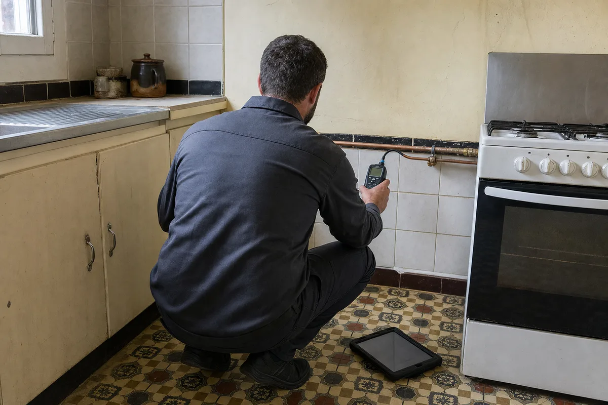 Diagnostiqueur contrôlant la tuyauterie gaz d&rsquo;une cuisine ancienne