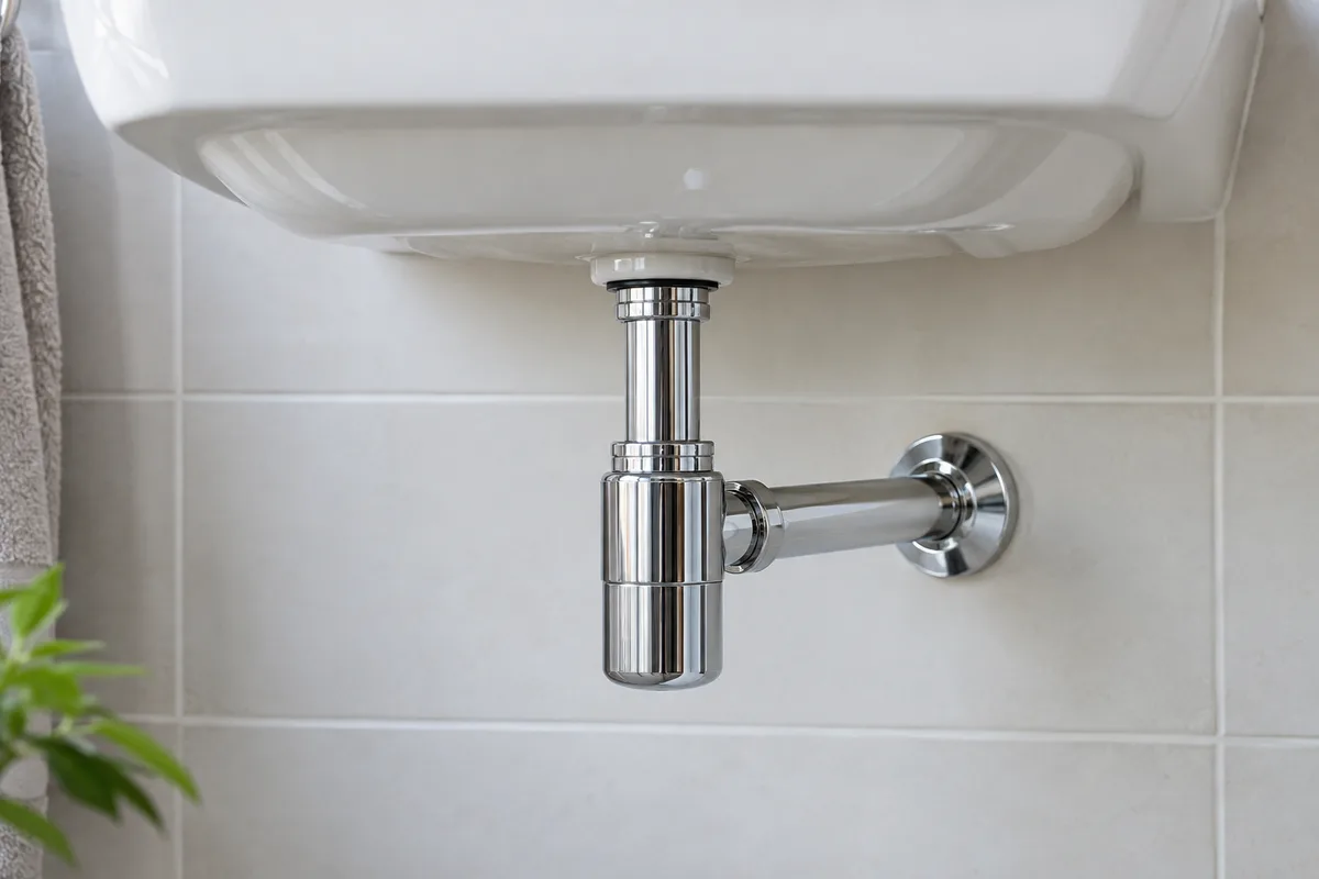 Siphon bouteille chromé neuf raccordé sous un lavabo suspendu en céramique blanche