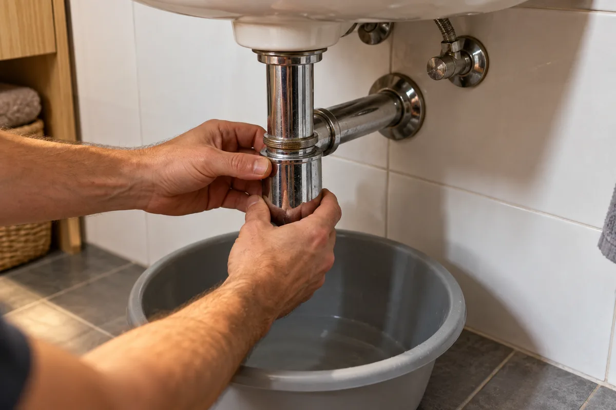 Mains dévissant la culotte d’un siphon chromé sous un lavabo blanc, bassine posée dessous