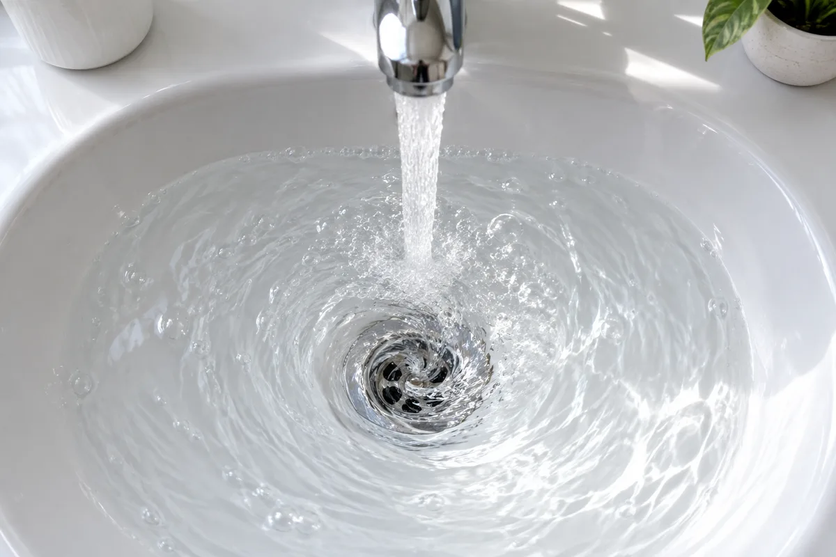 Eau claire s’écoulant en tourbillon vers l’évacuation d’un lavabo blanc
